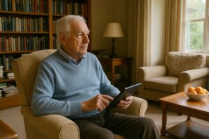 domus seniorum - älterer Herr sitzt im Sessel mit Tablet im Wohnzimmr