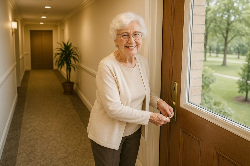 domus seniorum - alte Dame auf dem Weg in den Park der Seniorenresidenz