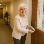 domus seniorum - alte Dame auf dem Weg in den Park der Seniorenresidenz