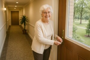 domus seniorum - alte Dame auf dem Weg in den Park der Seniorenresidenz