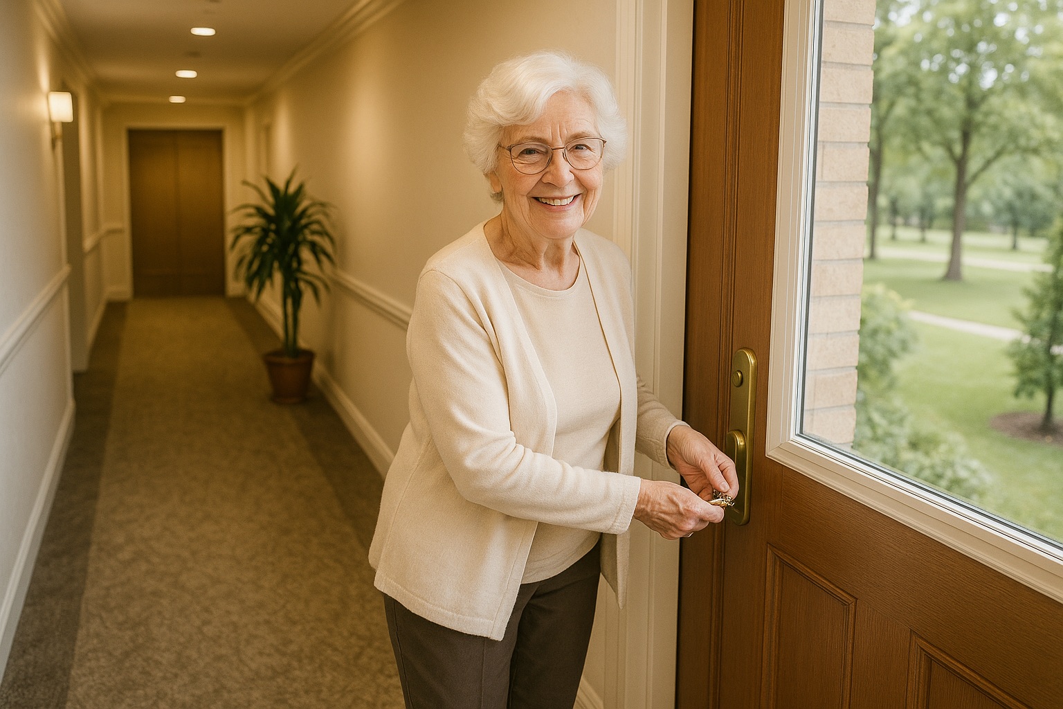 domus seniorum - alte Dame auf dem Weg in den Park der Seniorenresidenz